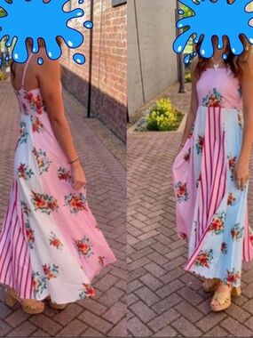 Pink Floral Midi Dress with Stripe Panels